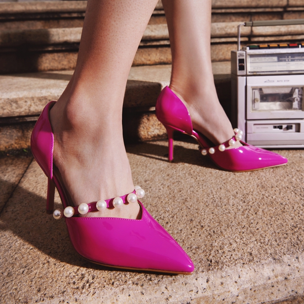 Pearl Straps Pointed Toe Stiletto Heel Pumps - HOT PINK - 1